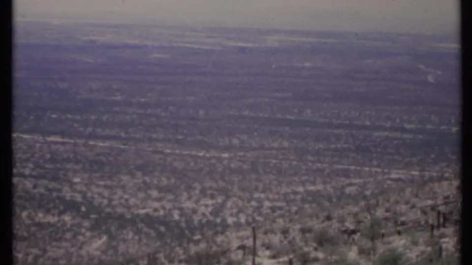 Wide 1971 California desert overlook with sparse foreground brush, scattered cacti, distant flat terrain, and a smog-softened horizon.