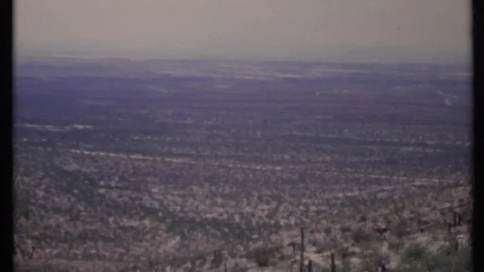 1971 California home-movie frame of a broad arid valley under haze, with dry foreground brush and dark cactus forms near the lower edge.