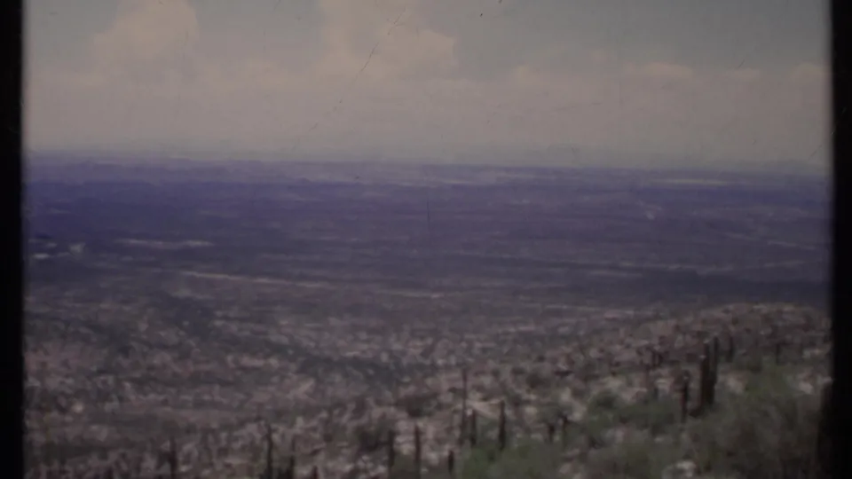 1971 California 8mm frame with cactus-like plants on a slope and an expansive hazy desert valley beyond.