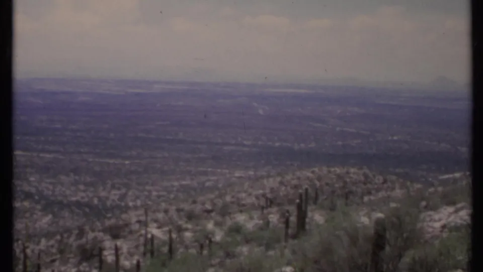 1971 California 8mm view from an elevated desert slope, with cacti in front and a sprawling valley receding into haze.