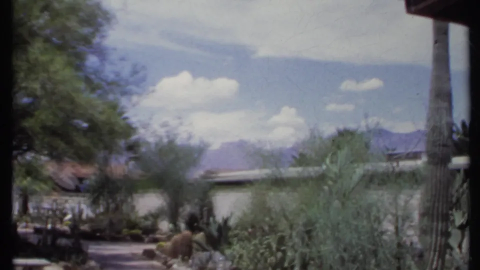 1971 California 8mm frame showing a paved desert garden path with cactus plantings, trees, a low building, and mountains beyond.