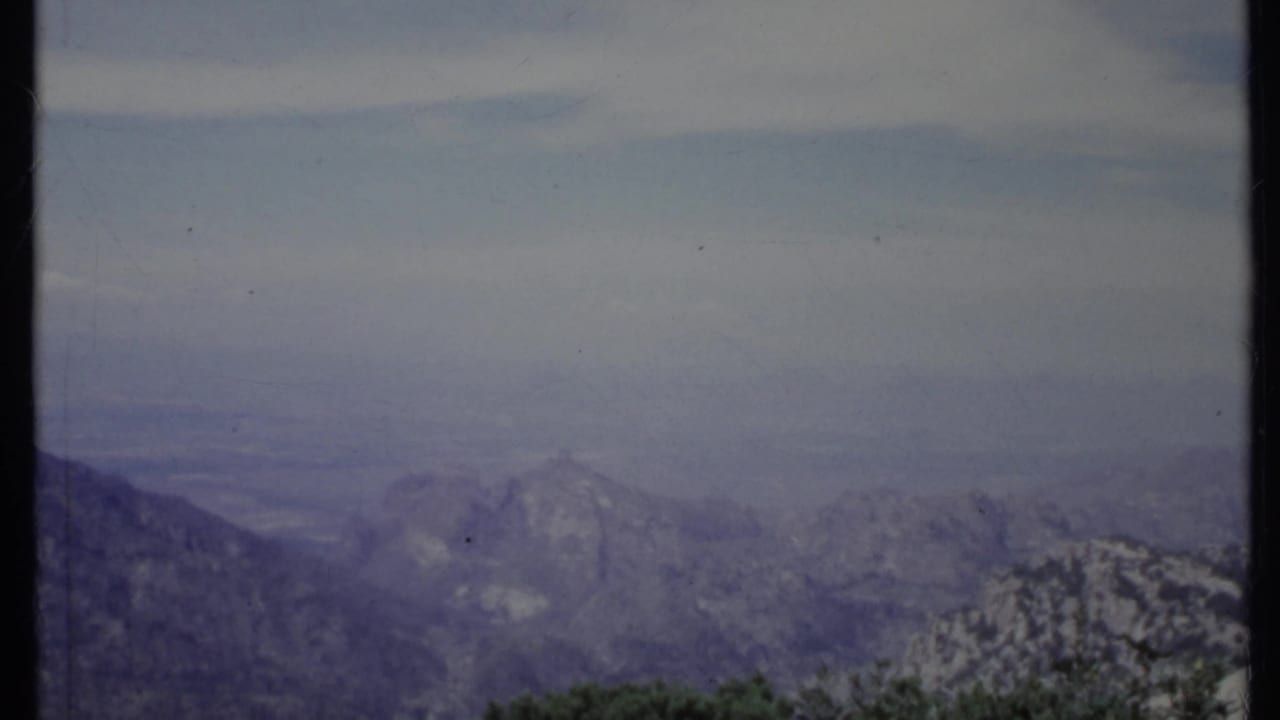 Hazy mountain ridges beneath a bright sky with dark foreground trees.