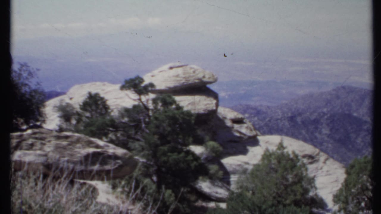 Rock outcrop and evergreen trees overlooking distant mountain ridges under a bright sky.