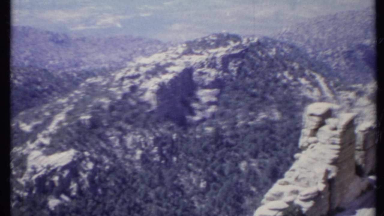 Forested mountain ridge with pale rocky outcrop and hazy distant terrain.
