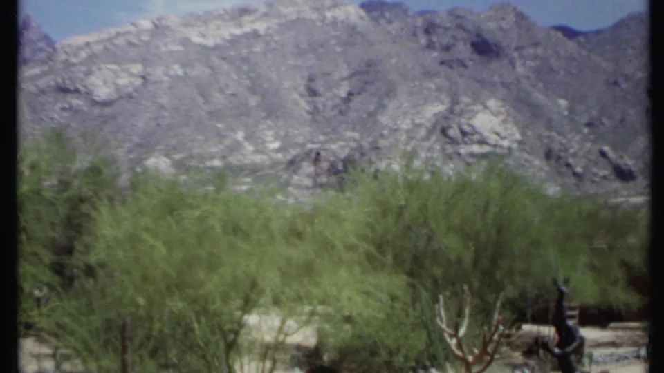 1971 California home-movie view of a mountain slope behind desert shrubs, with part of a dark outdoor sculpture visible.