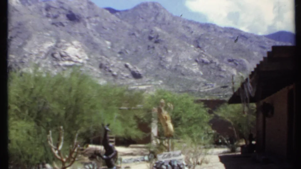 1971 California 8mm frame looking across a planted desert yard toward a rocky mountain, with cactus, shrubs, and a shaded building side.