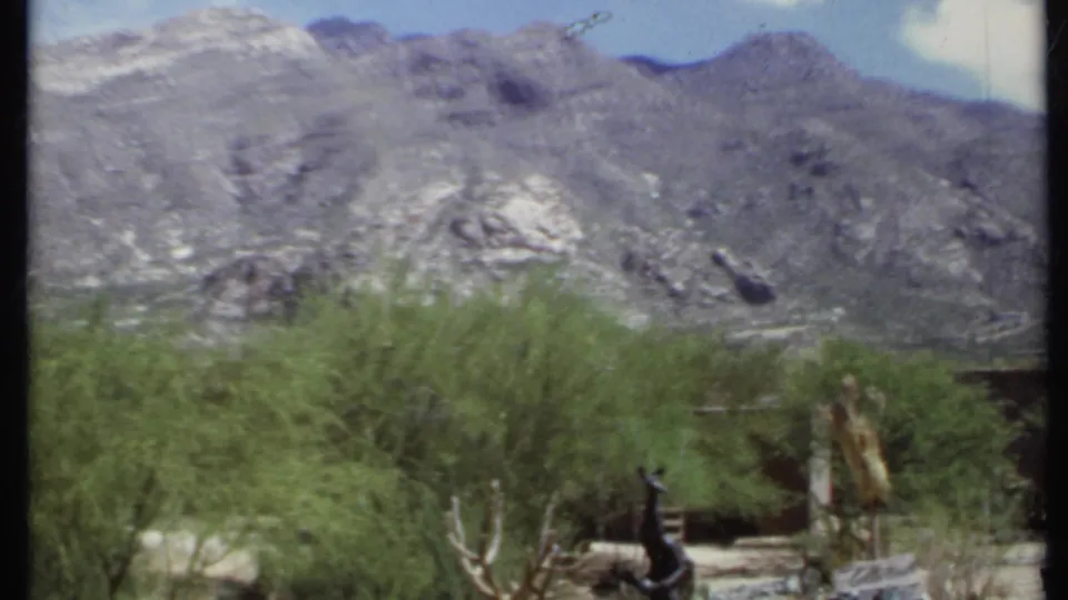 1971 California 8mm frame showing a rugged mountain range with green desert shrubs and cactus-like forms in the foreground.
