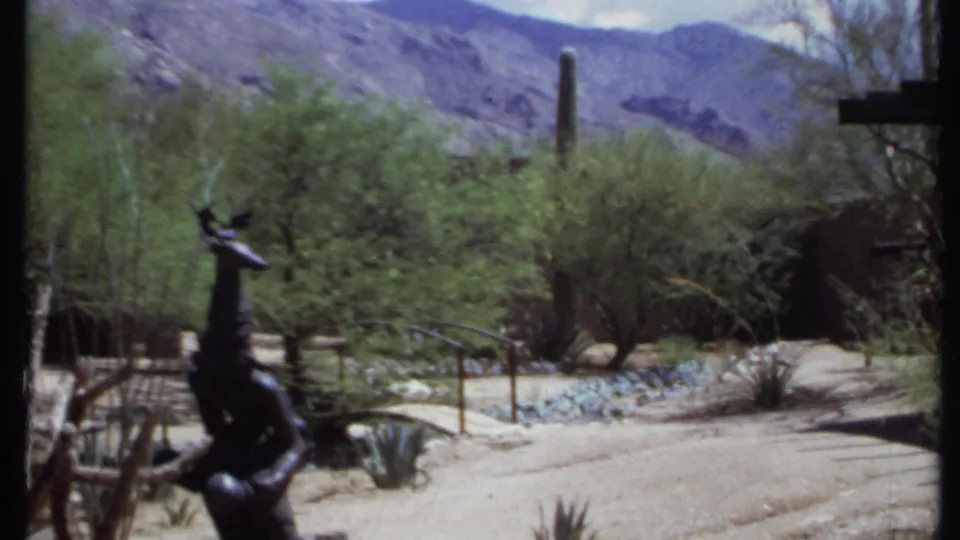 1971 California 8mm view of a black metal statue in a desert garden, with sandy path, shrubs, agave, railing, cactus, and mountains.