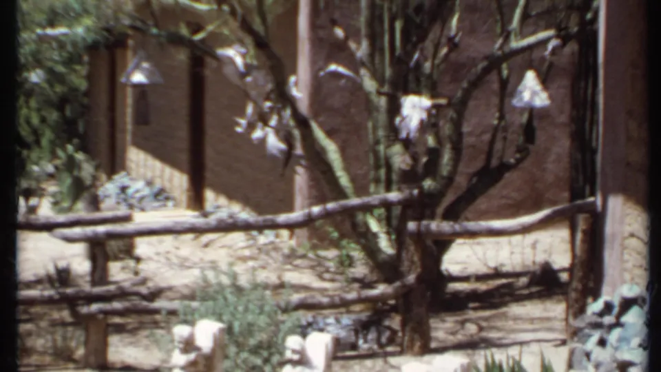 1971 California 8mm frame with weathered concrete statues, dry shrubs, aloe-like plants, a rustic fence, trees, and an adobe-style wall.