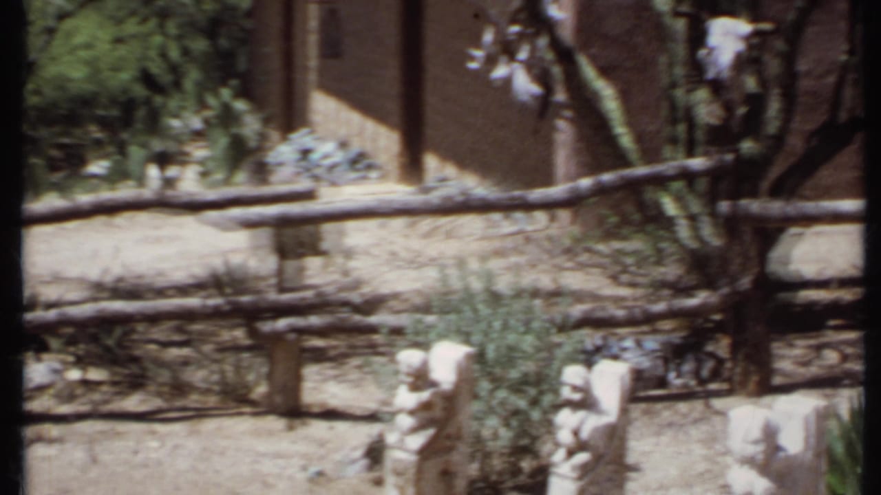Rustic log fence beside a dirt path with shrubs, cactus, stone figures, and a partial building.