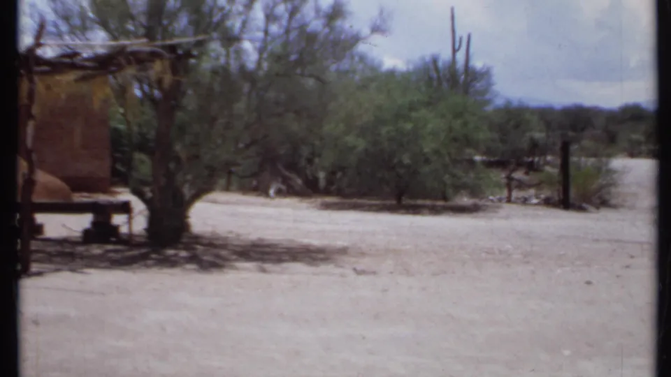 1971 California desert scene with an open sandy yard, sparse trees, a pole shade structure, and adobe-style building edge.
