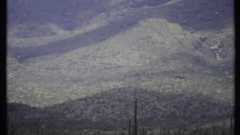 1971 California 8mm frame showing a closer mountain slope, muted blue-green terrain, and cactus-like foreground stems.