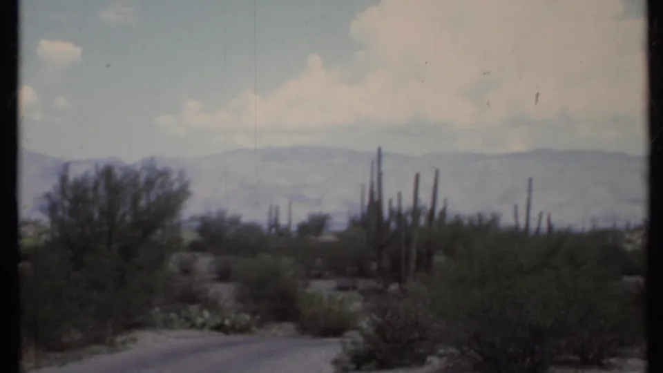 1971 8mm California desert view with a dusty road or wash, shrubs, columnar cacti, distant hills, and pale clouds.