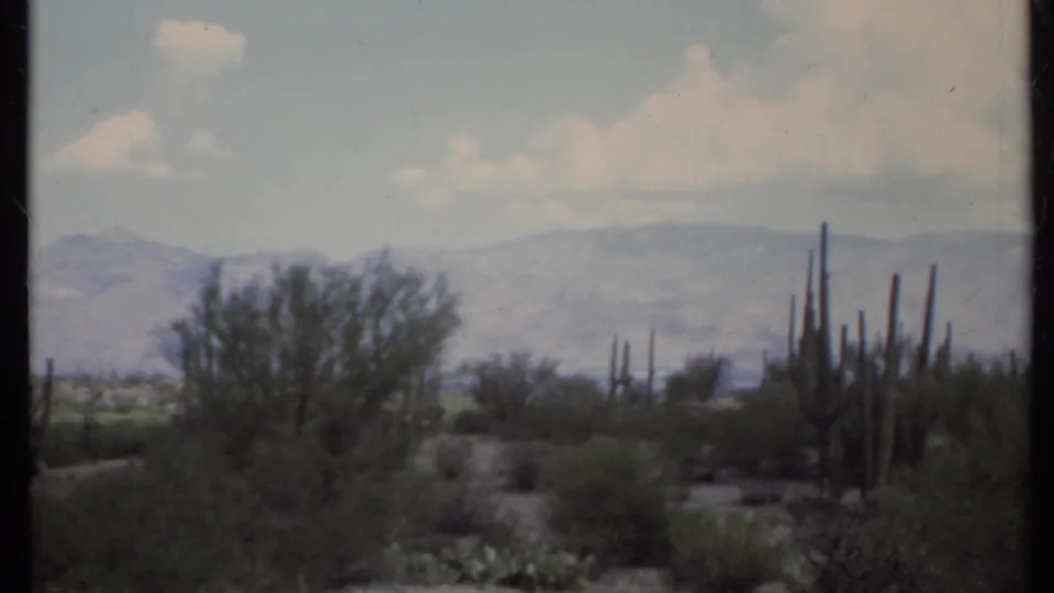1971 8mm California desert view with cactus stands, low scrub, sandy ground, and distant hazy mountains beneath soft clouds.