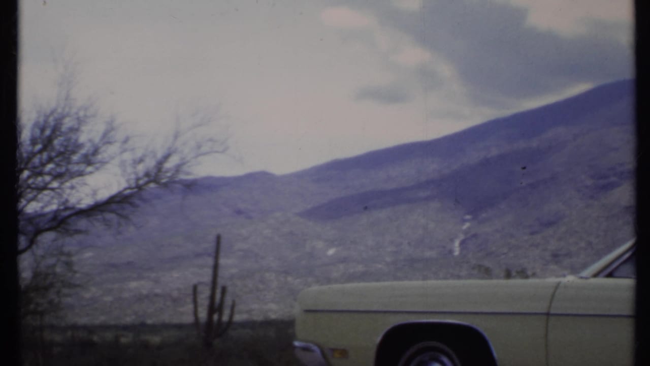Pale yellow vintage car beside cactus silhouettes with mountains in the background.