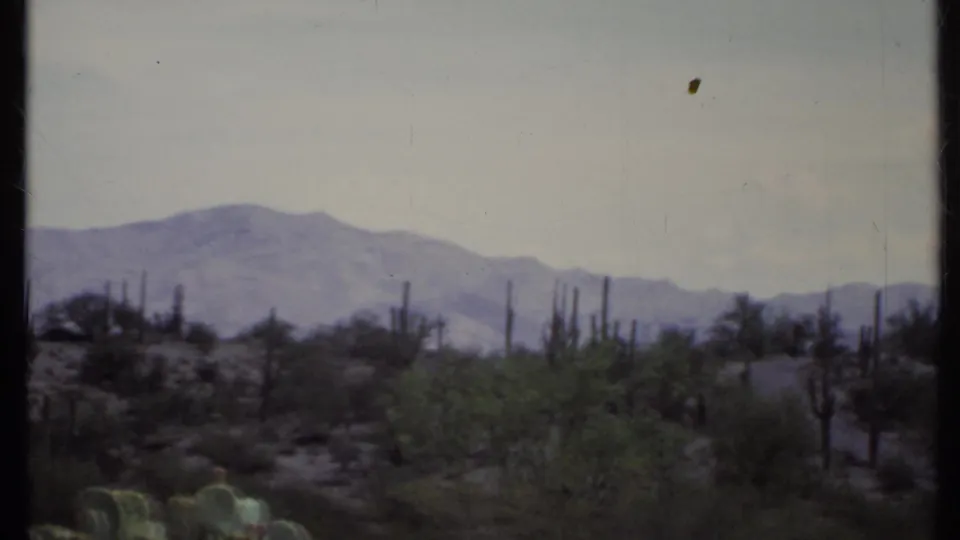 Faded 8mm frame of a California desert scene in 1971, showing cactus silhouettes, scrub vegetation, distant mountains, and dust marks.