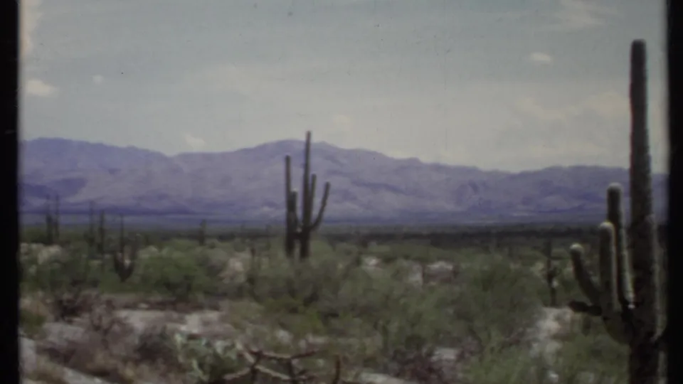 1971 home-movie frame showing a desert plain in California with scattered cacti, scrub, sandy washes, and mountains in the distance.