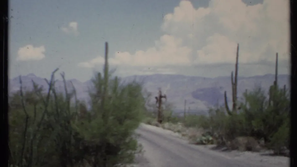 1971 8mm California roadside desert view with low shrubs, cactus stems, mountains, and a partly cloudy sky.