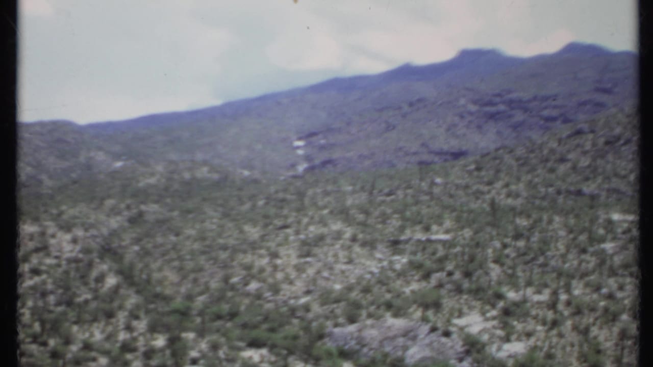 Rocky desert scrubland leading toward distant mountains under a pale sky.