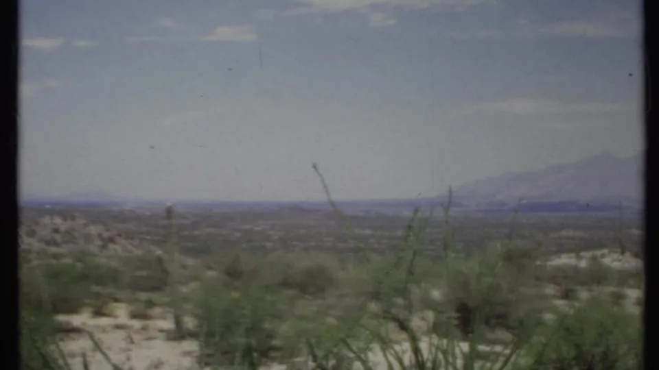 1971 California 8mm view of sparse desert vegetation and sandy ground, with hazy mountains on the horizon.