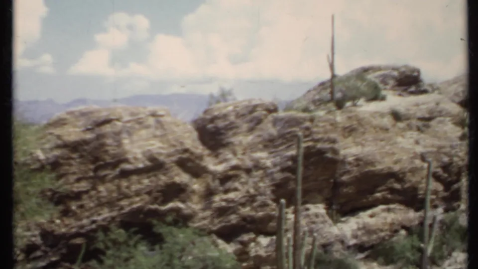 1971 California home-movie frame of rocky desert formations with a tall cactus, scrub vegetation, distant mountains, and bright clouds overhead.
