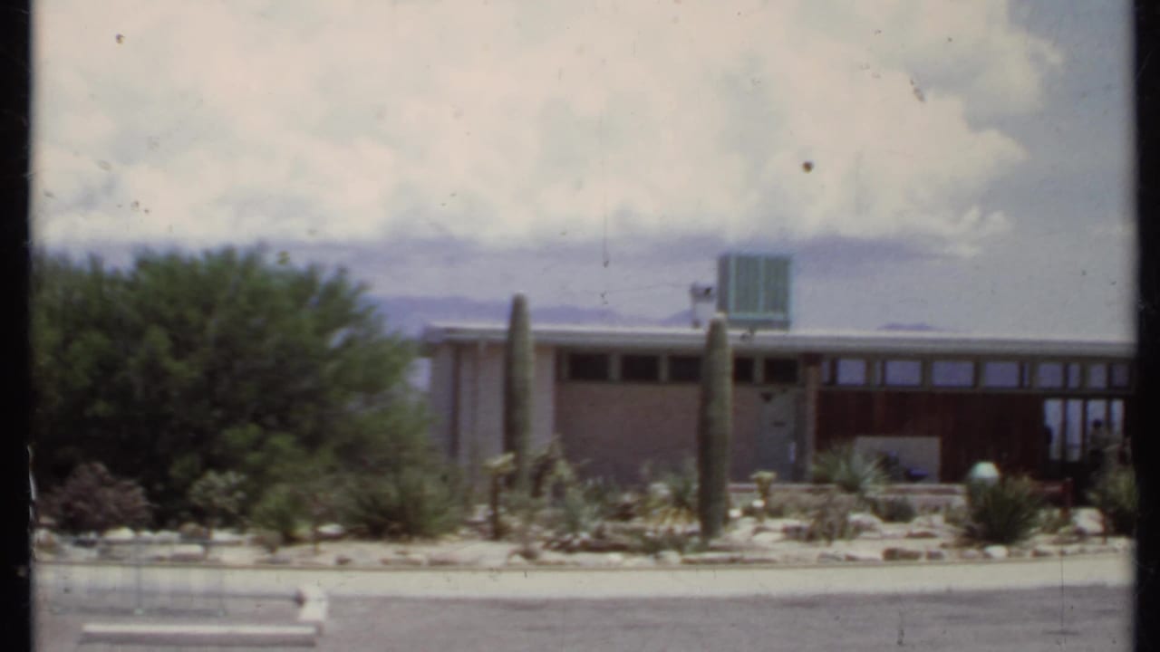 Modern low house with desert landscaping and tall cacti under a cloudy sky.