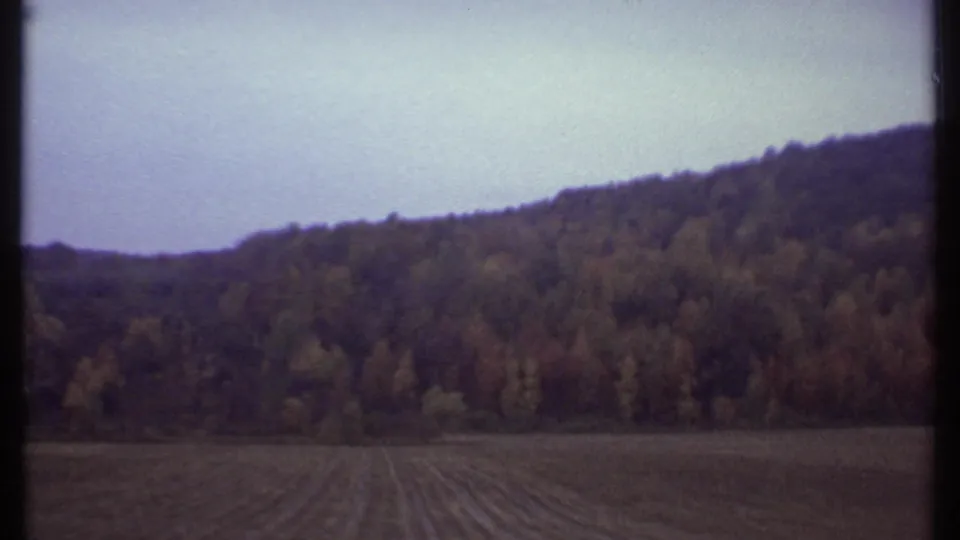 1979 8mm rural landscape near Ithaca showing a field with parallel rows, a wooded hillside, overcast sky, and dark window border.