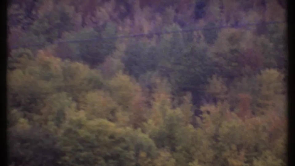 1979 Ithaca-area 8mm frame looking over a wooded slope with muted reds, greens, and golds.
