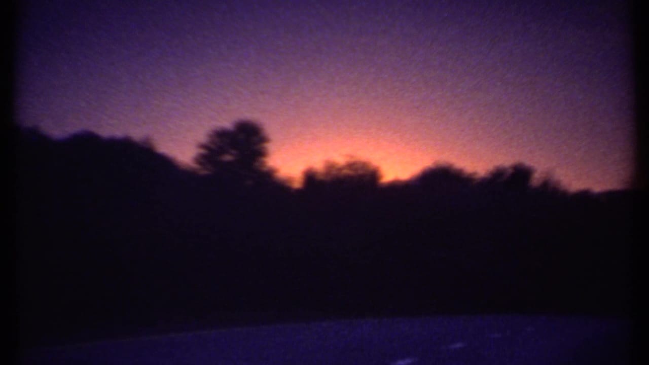 Red-orange sunset glow behind a dark tree-lined horizon under a purple-blue sky.