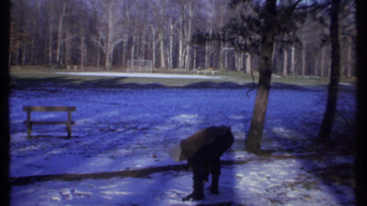 A bundled person bends down to gather snow in a snowy Ithaca park, with bare trees and a bench in the background.