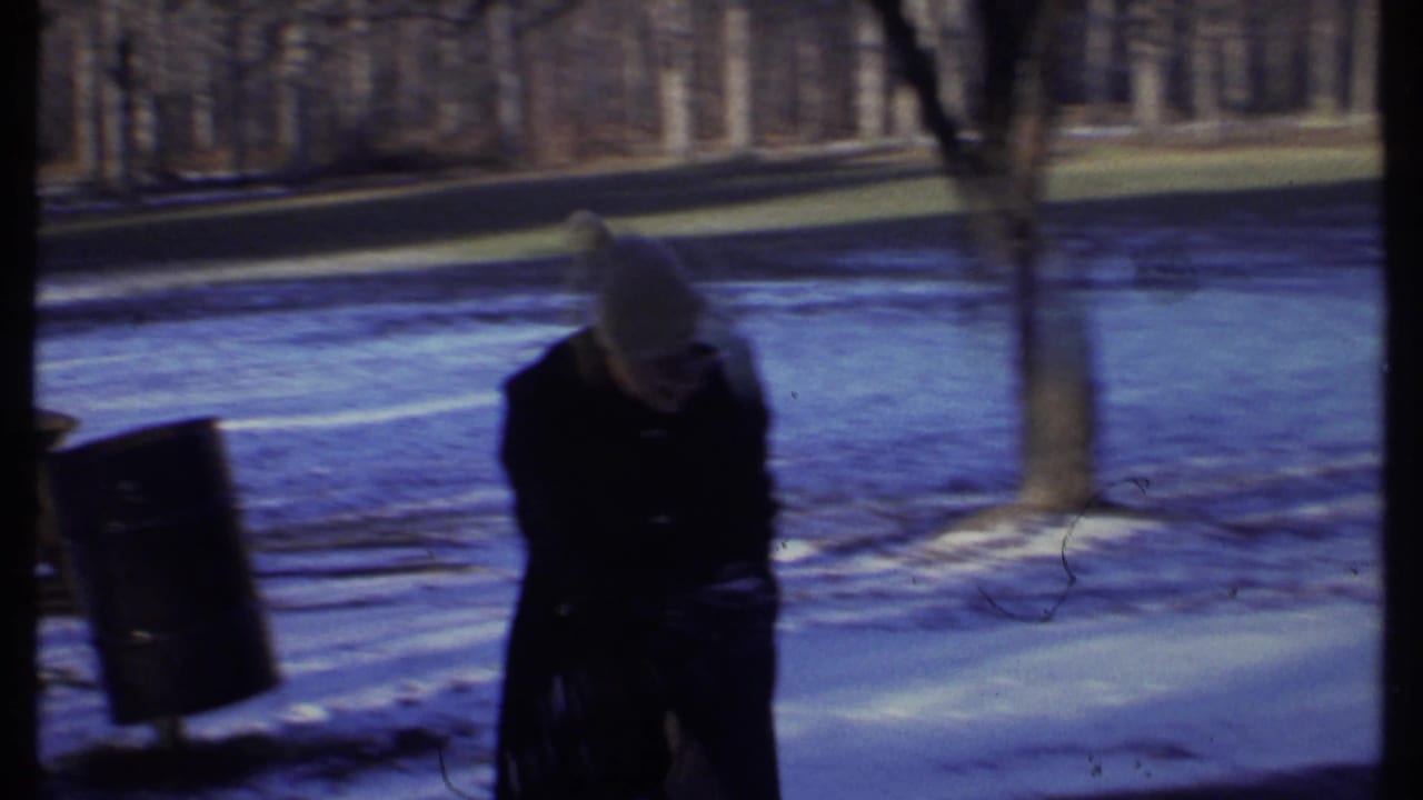Bundled person stands in snow near bare trees and a bench.