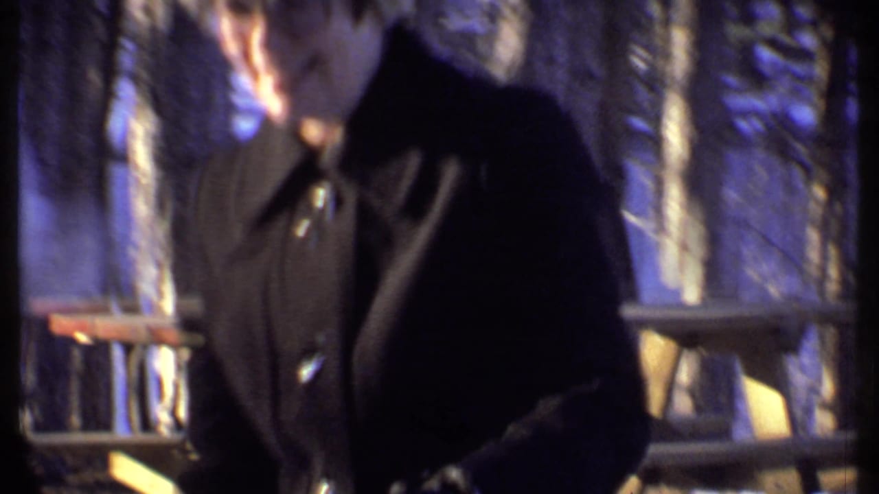 Woman in a dark coat leaning near a wooden railing with snowy trees behind her.