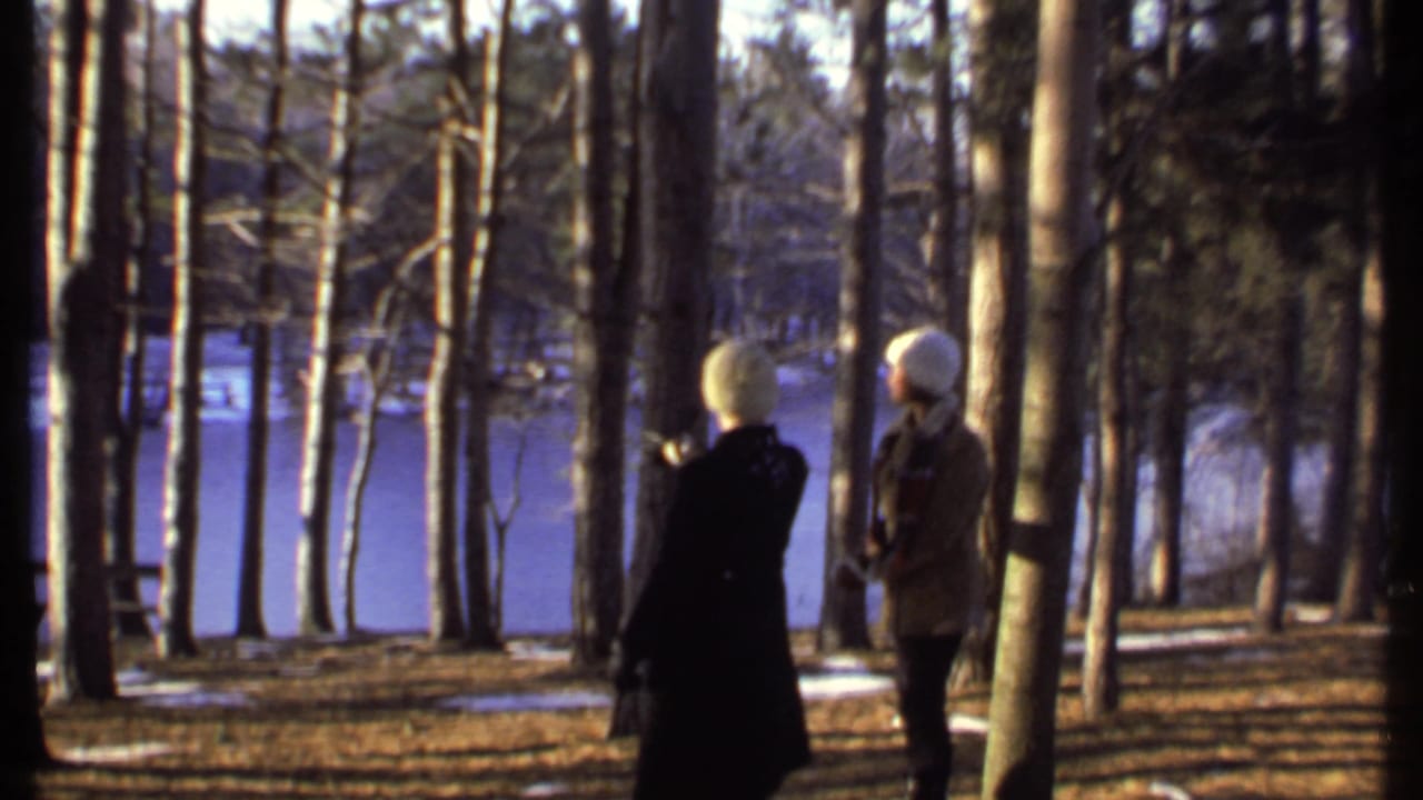 A person in a dark coat gestures while another stands near trees by the lake.