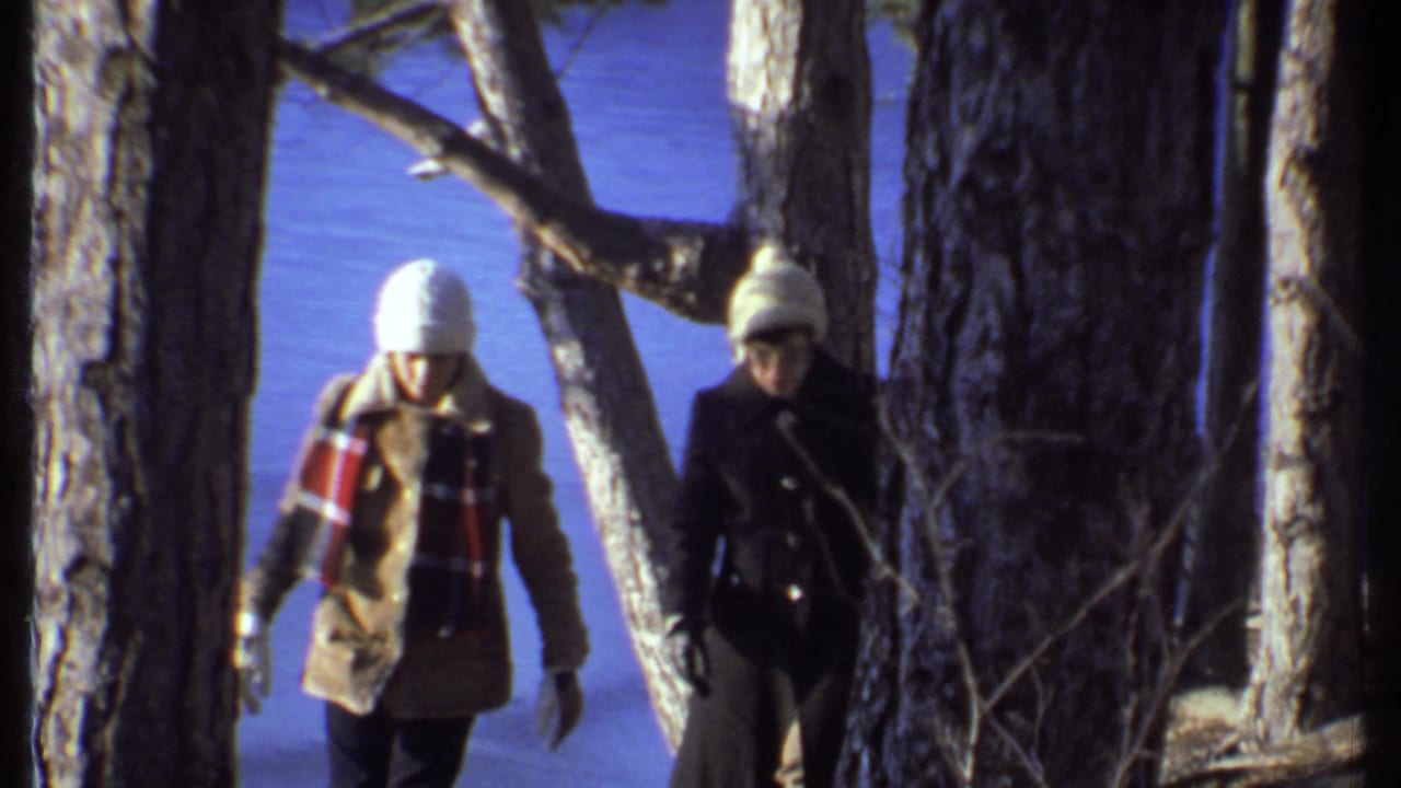 Two people in winter clothing walking downhill through trees beside a lake.