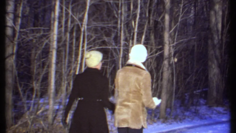 The couple walks away through snowy woods, with the tan jacket and black coat visible against the blue-tinted snow.