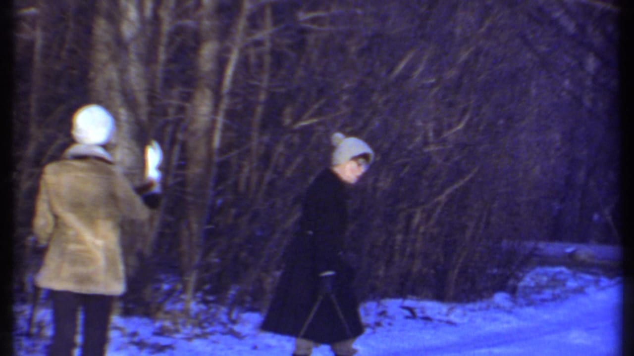 Two women walk across snow beside leafless trees in winter coats.