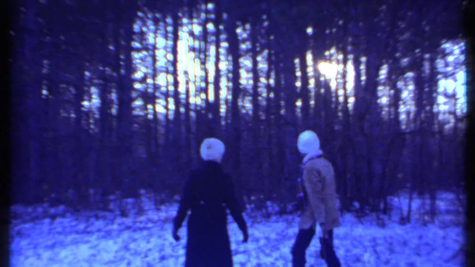 Two people in winter hats and coats walk through a snowy wooded area, with bare trees and blue low-light 8mm color.