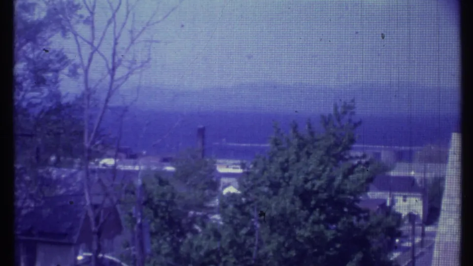 1984 Vermont 8mm view across trees and rooftops toward a hazy mountain range, with a screen texture visible across the frame.