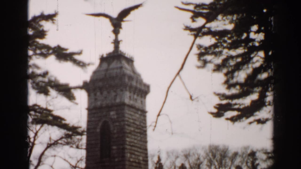 Stone tower monument topped by a bird sculpture among trees.