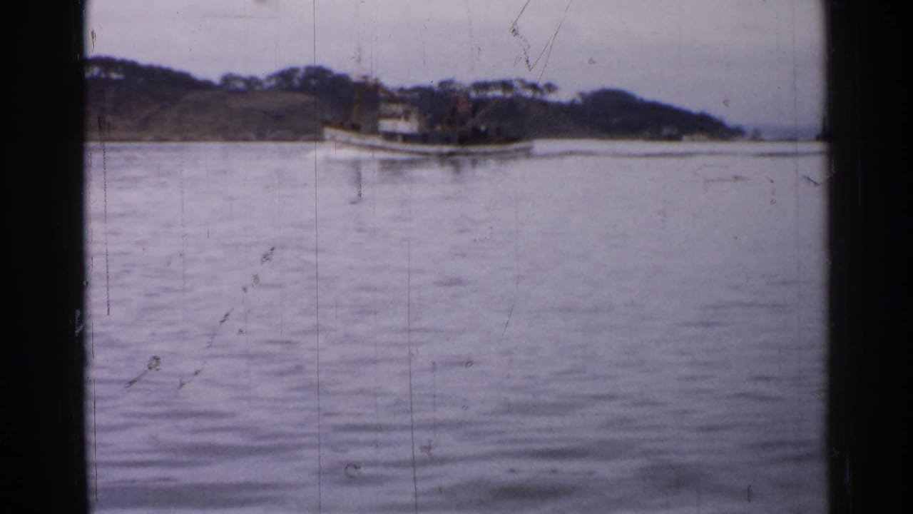 A white tugboat sits farther across calm water near a wooded bank, framed by vintage 8mm scratches and fading.