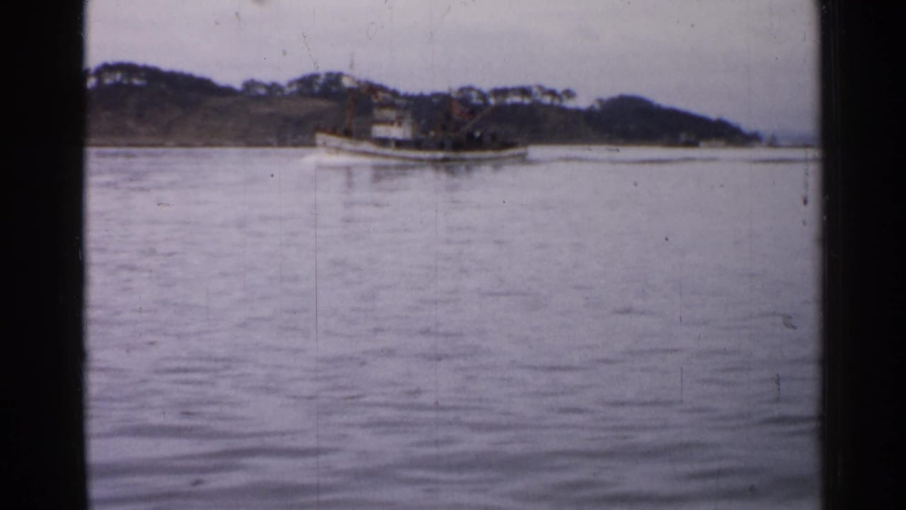 Small boat crossing calm water near a low wooded shoreline.