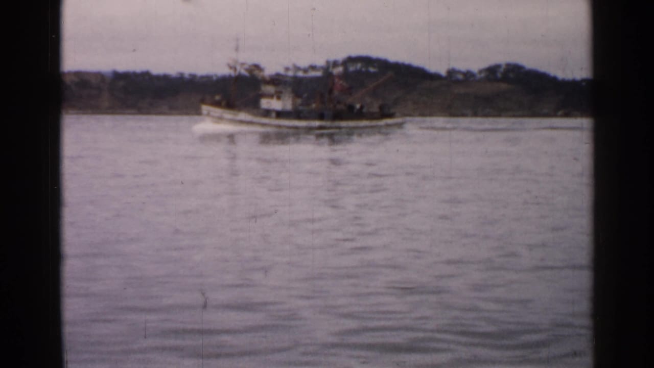 1952 Japan 8mm frame showing the tugboat nearing the right side of the shot, with calm water and a wooded shoreline behind it.