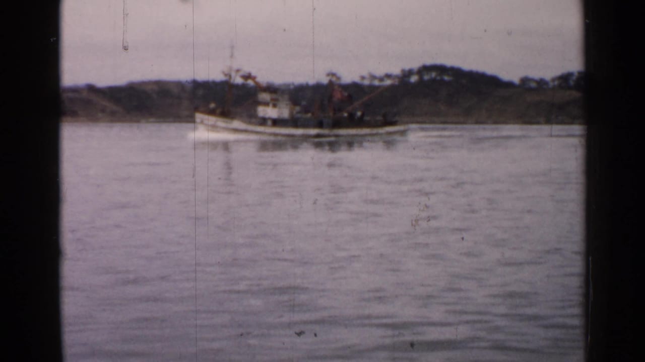 Distant mid-century vessel on calm water in Japan, with shoreline and visible film wear in the frame.