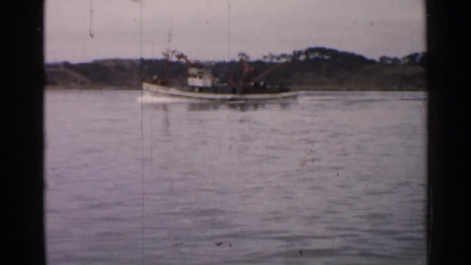 Distant mid-century vessel on calm water in Japan, with shoreline and visible film wear in the frame.