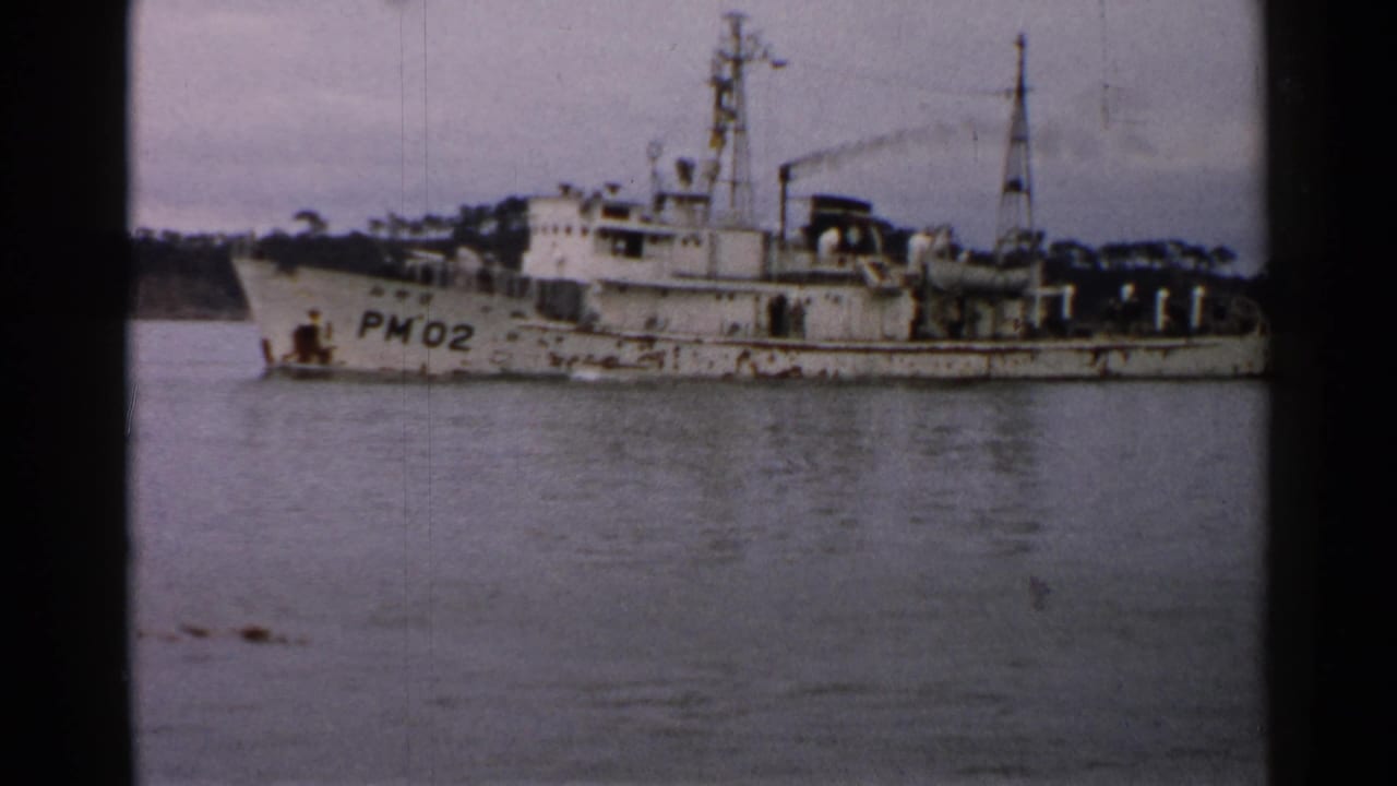 White naval vessel marked PM02 anchored on calm water near a wooded shoreline.