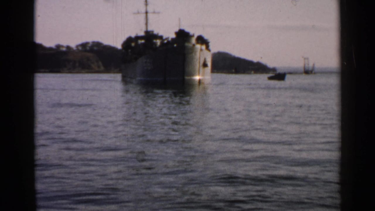Large ship on harbor water with a small boat and distant bridge-like structure.
