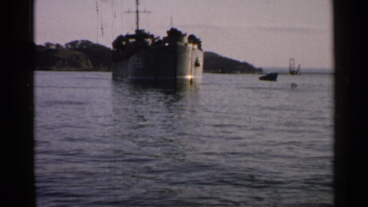 Large ship seen across water with shoreline and small boats in the distance.