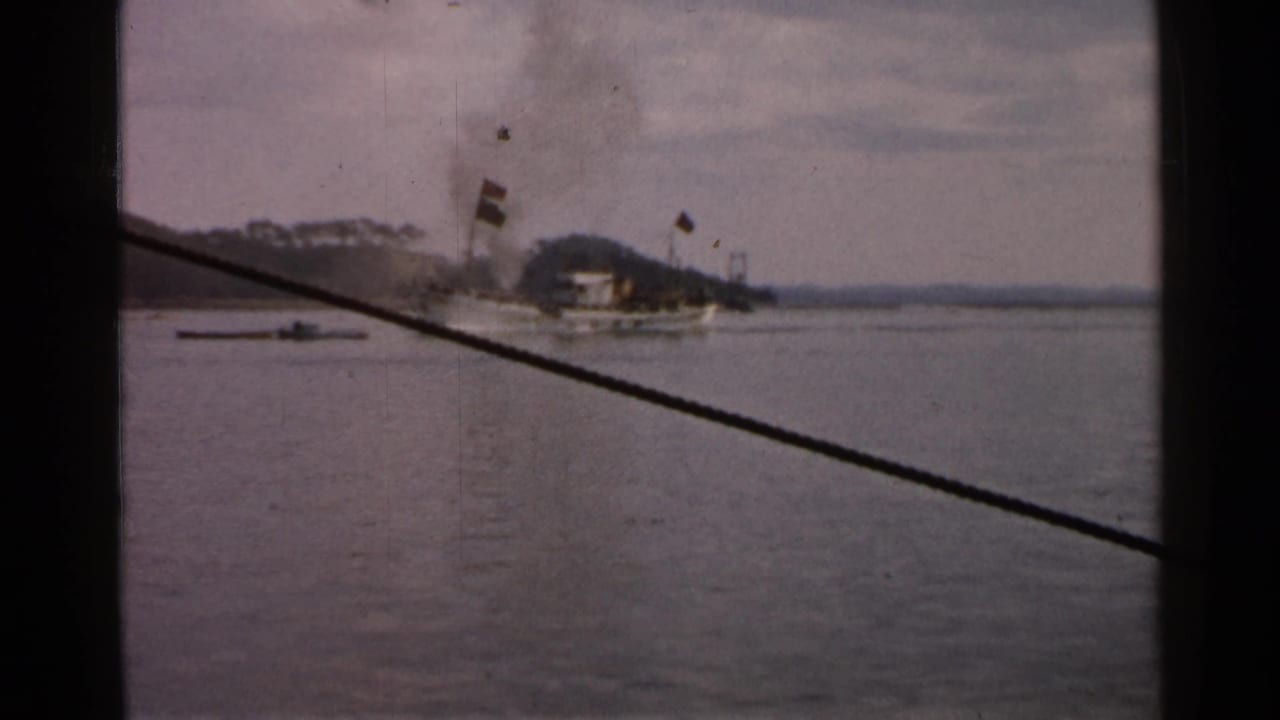 Small smoking vessel on calm coastal water with wooded shoreline and diagonal cable in foreground.