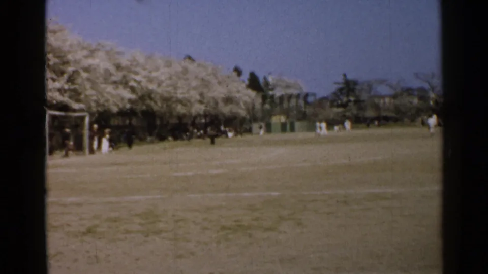 Japanese park field in a vintage 8mm frame, with distant visitors, a goal frame, and blossom-lined trees under a pale blue sky.