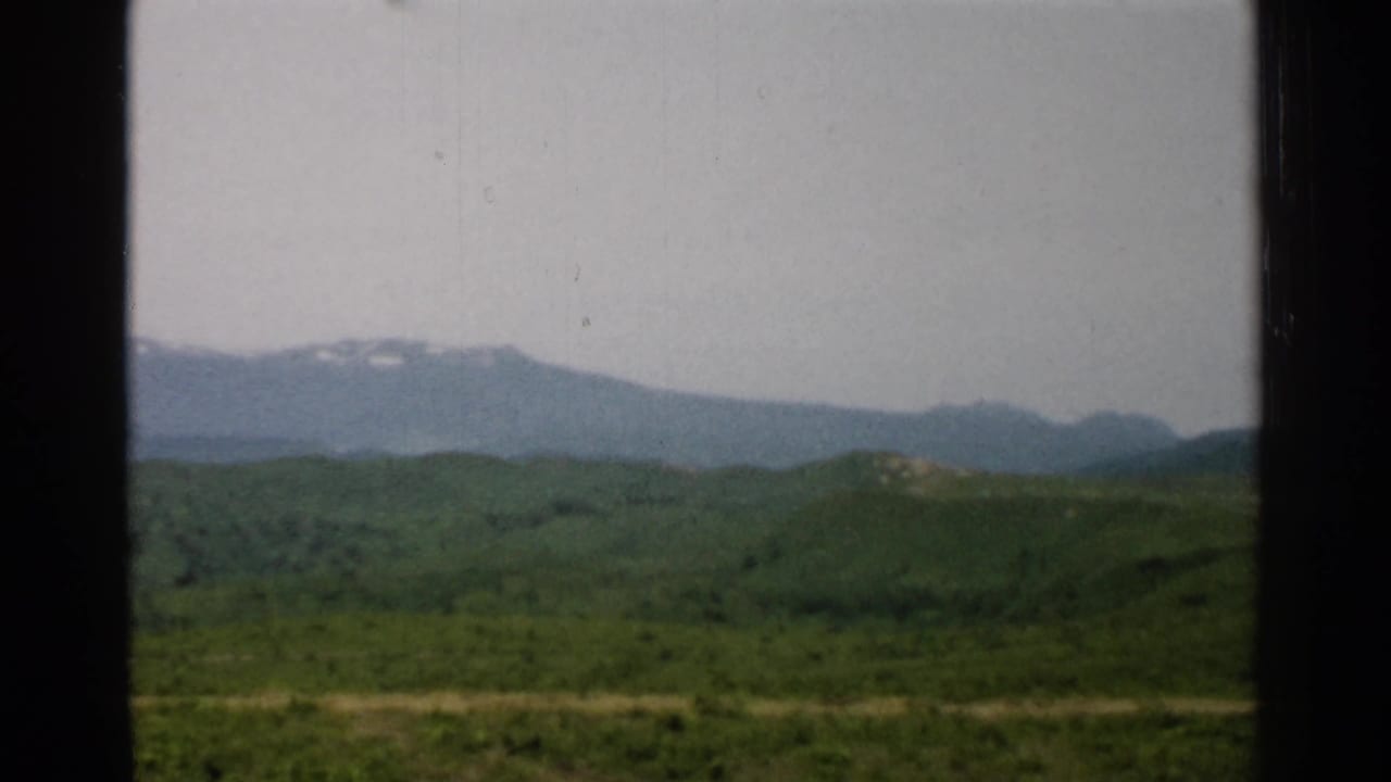 Rolling green hills beneath distant blue mountains and a pale sky.